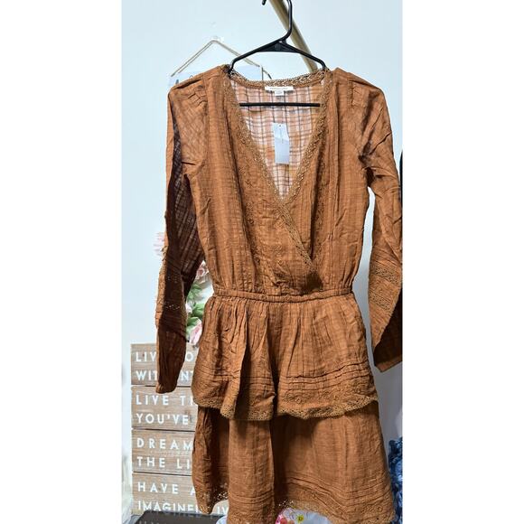 American Eagle BROWN Women's Embroidered Wrap Front Mini Dress, Small - Picture 5 of 7